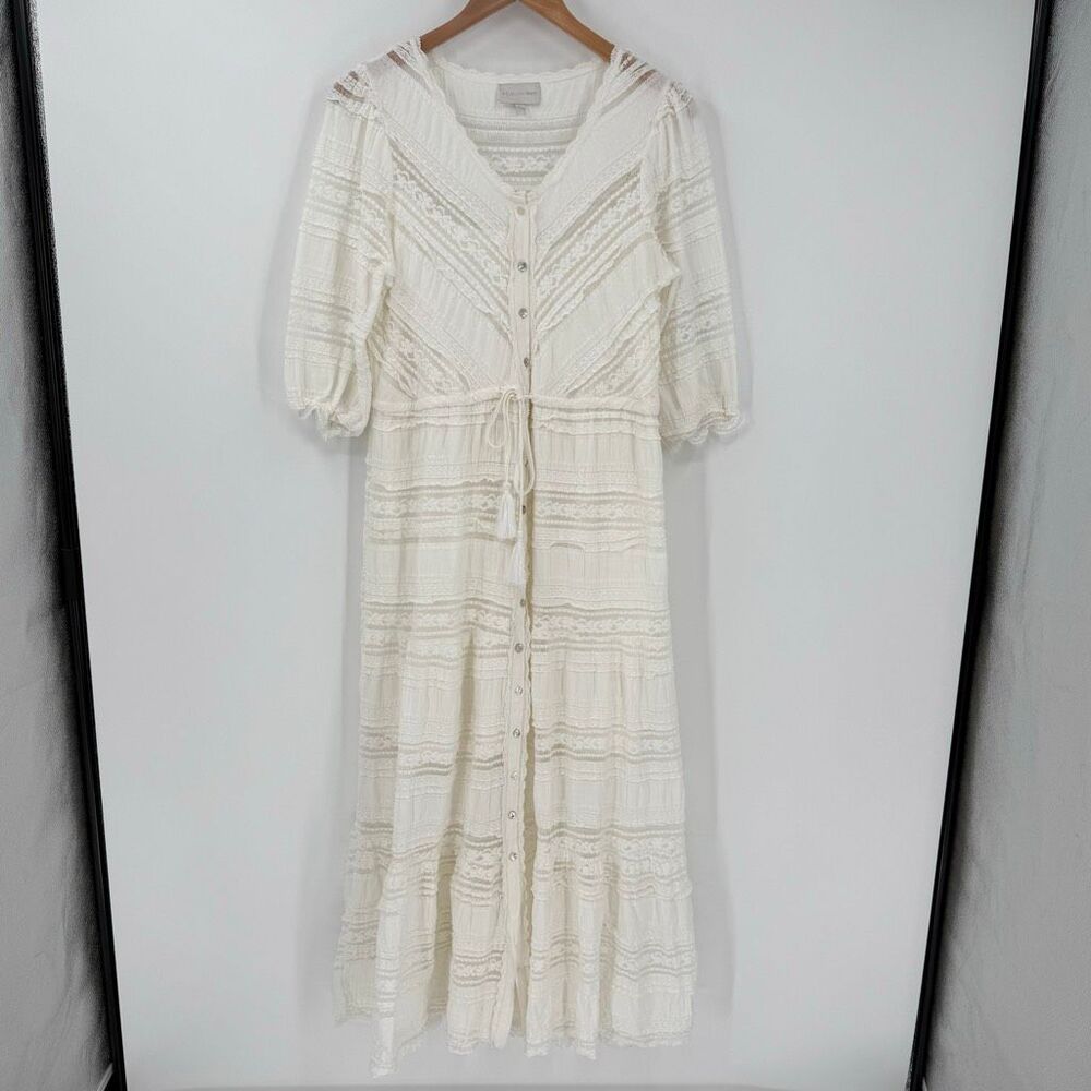 A‎ Collective Story Tiered Button Front Maxi Dress Women Large White Whimsical